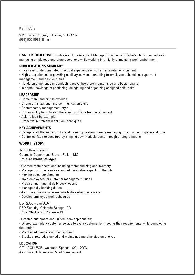Free Store Manager Resume Templates