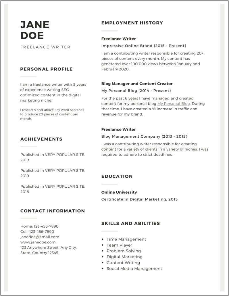 Freelance Writer Sample Functional Resume