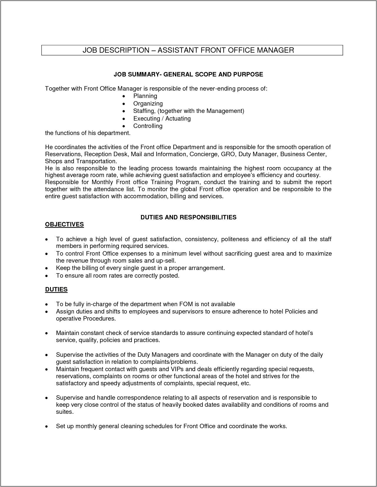Front Office Assistant Manager Resume
