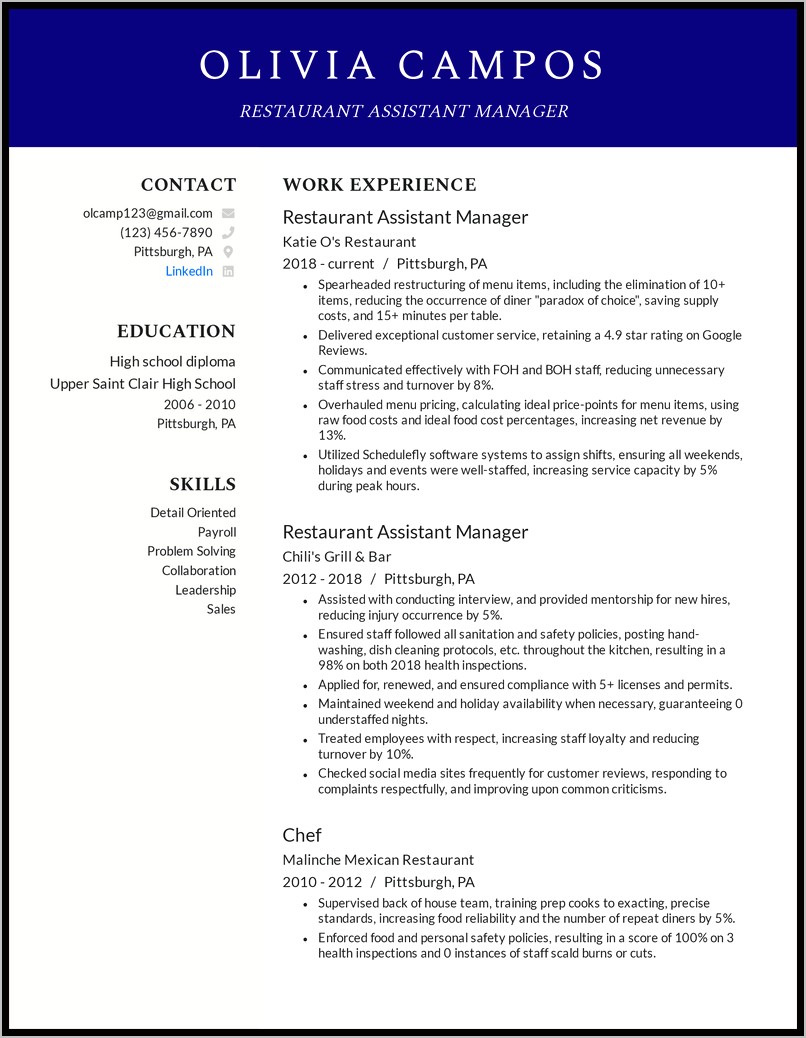 Functional Resume For Restaurant Manager