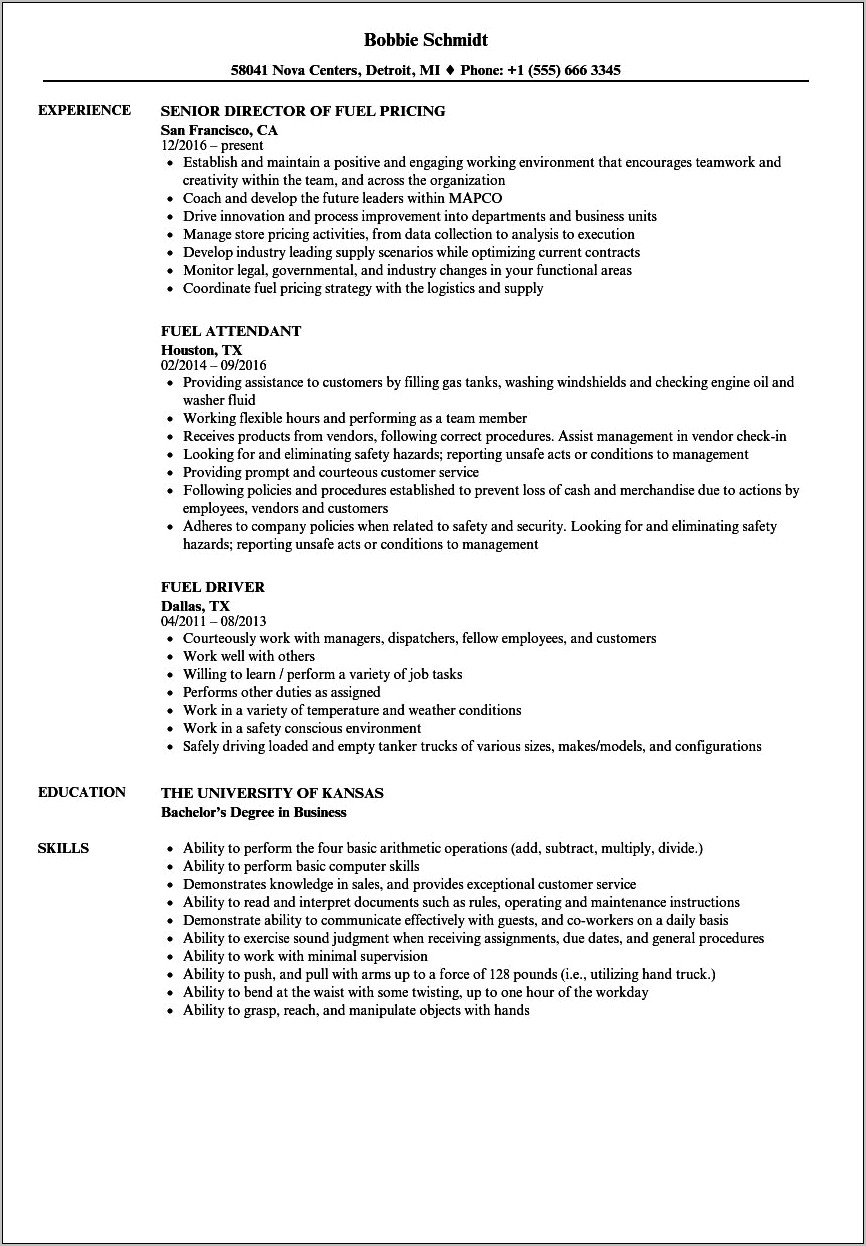 Gas Station Manager Responsibilities Resume
