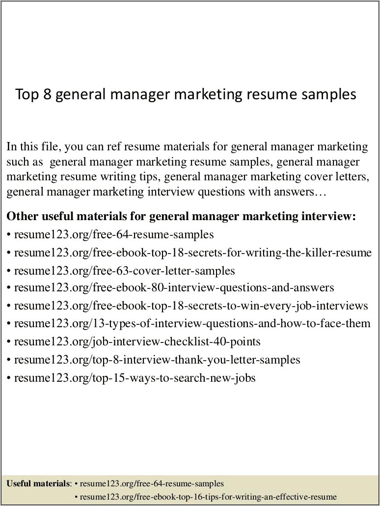 General Manager Sales And Marketing Resume