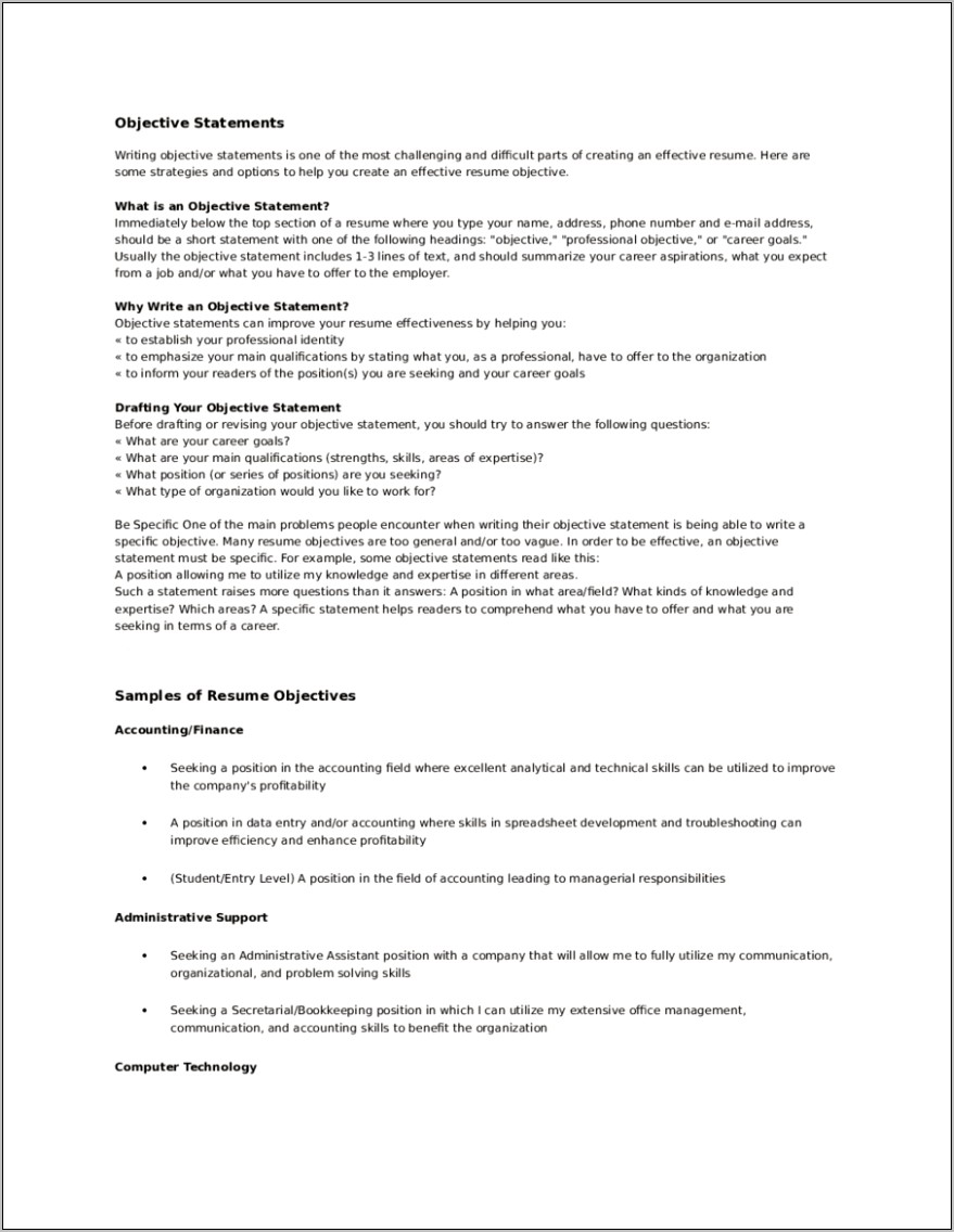 General Objective Statement In Resume