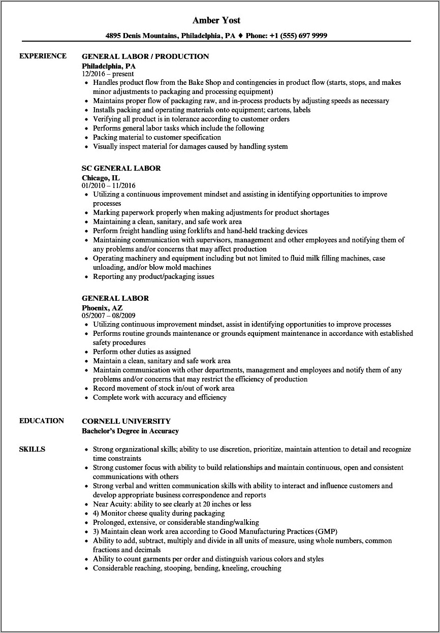 General Resume For Minimum Wage Job