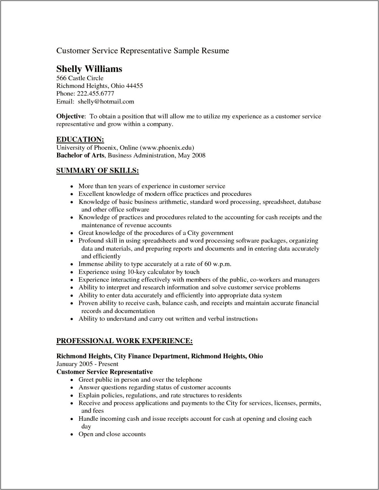 General Resume Objective Examples For Customer Service