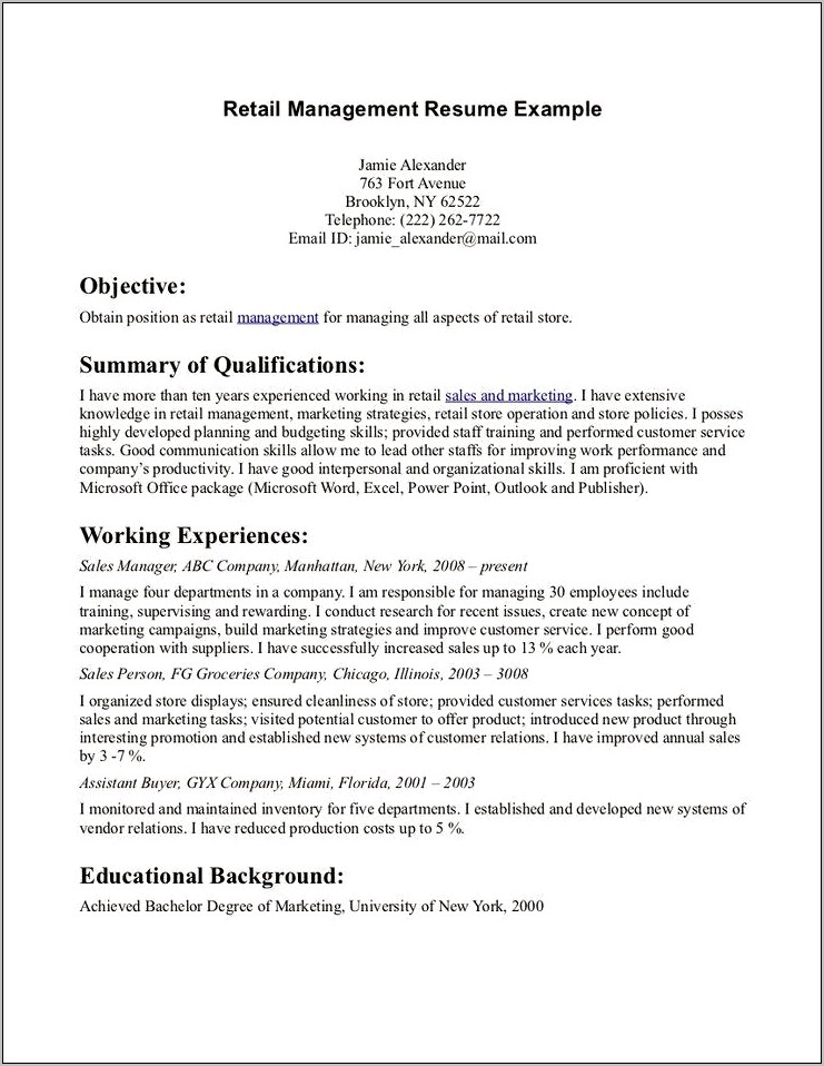 General Resume Objective Examples For Retail