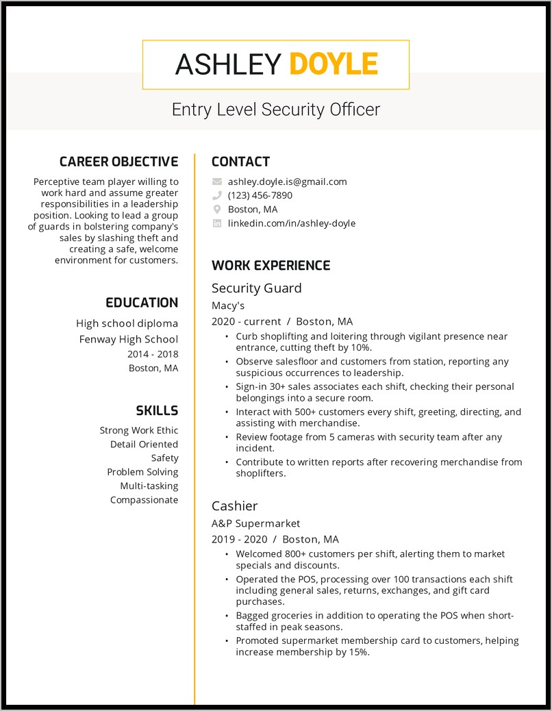 General Resume Objective Examples For Security Officer