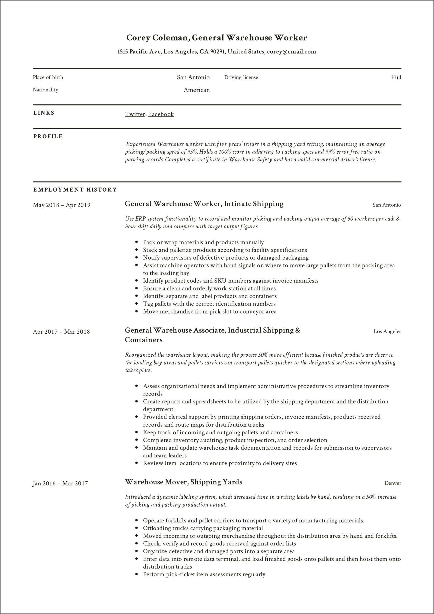 General Warehouse Maintenance Worker Resume Summary