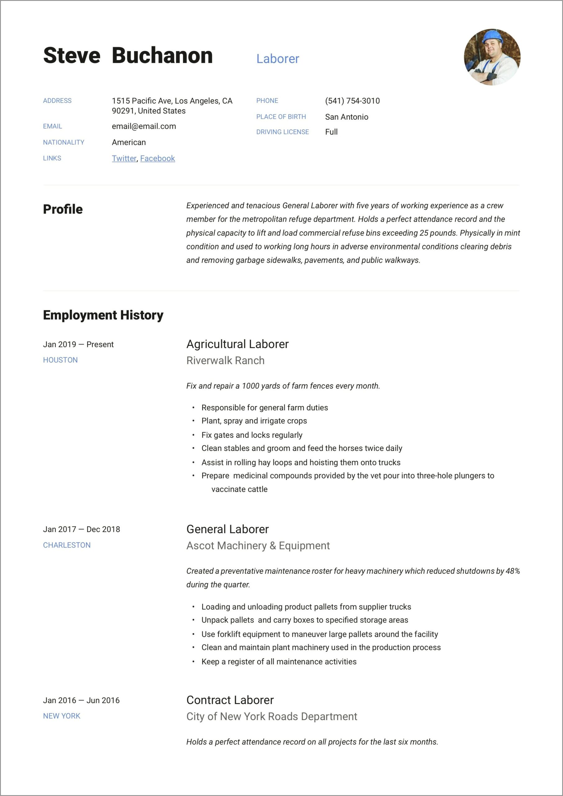 Generic Format Resume Template For Trade Skilled Labor