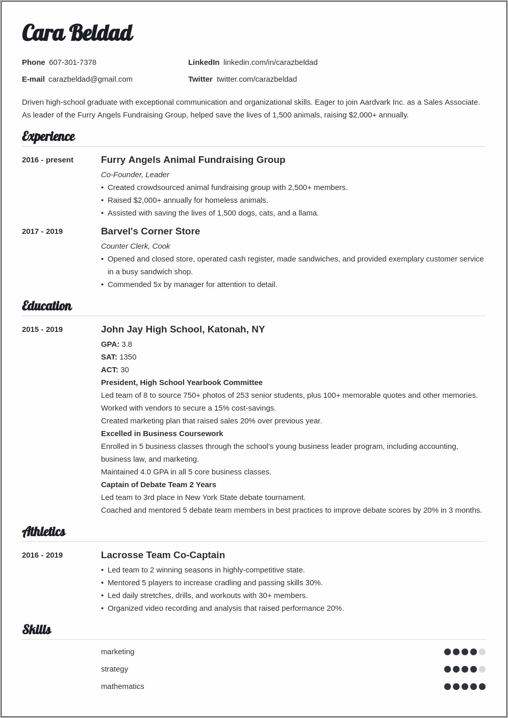 Generic Resume For High School Student