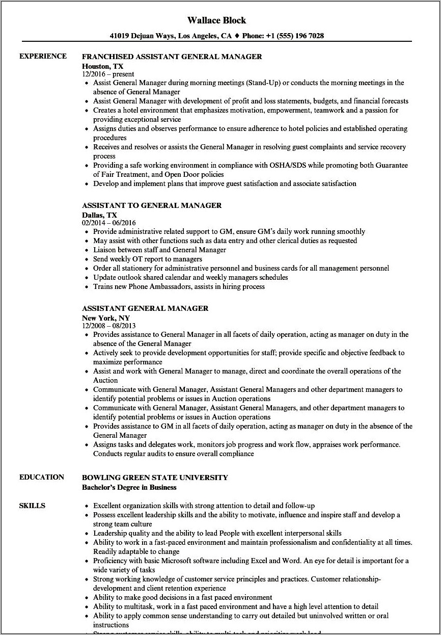 Generl Manager Skills And Abilities For Resume