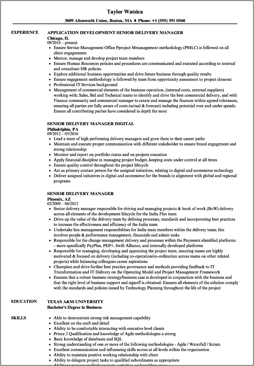 Global Service Delivery Manager Resume