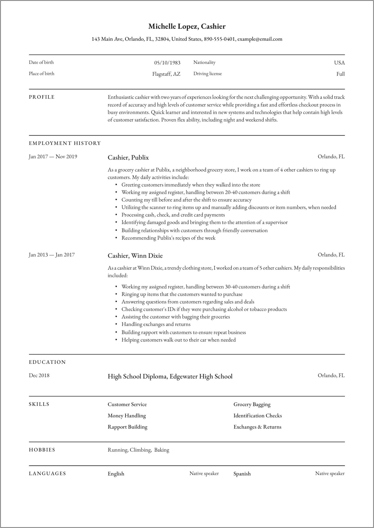 Good Communication Resume For A Cashier