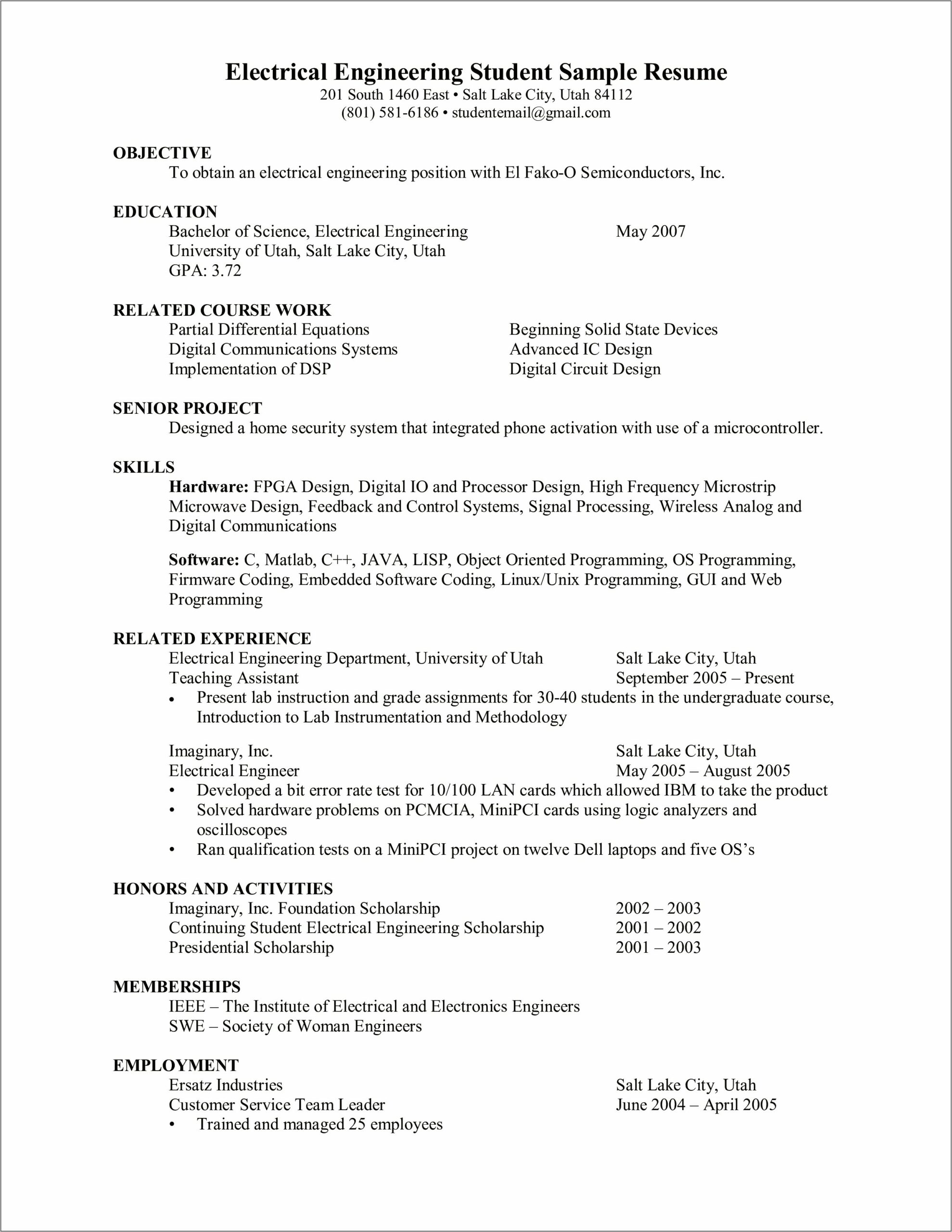 Good Example For An Eletrical Engineering Resume