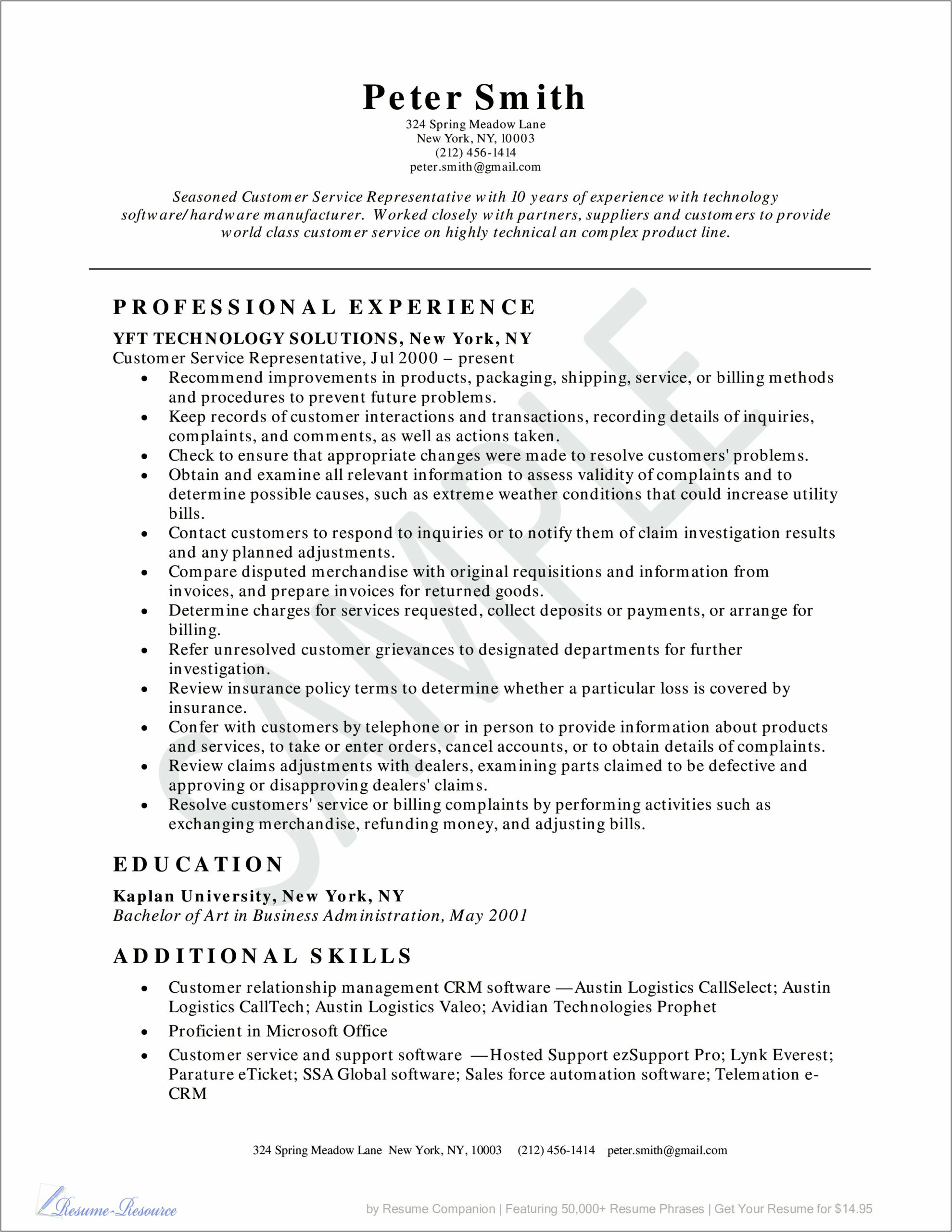 Good Examples Of Customer Service Resume