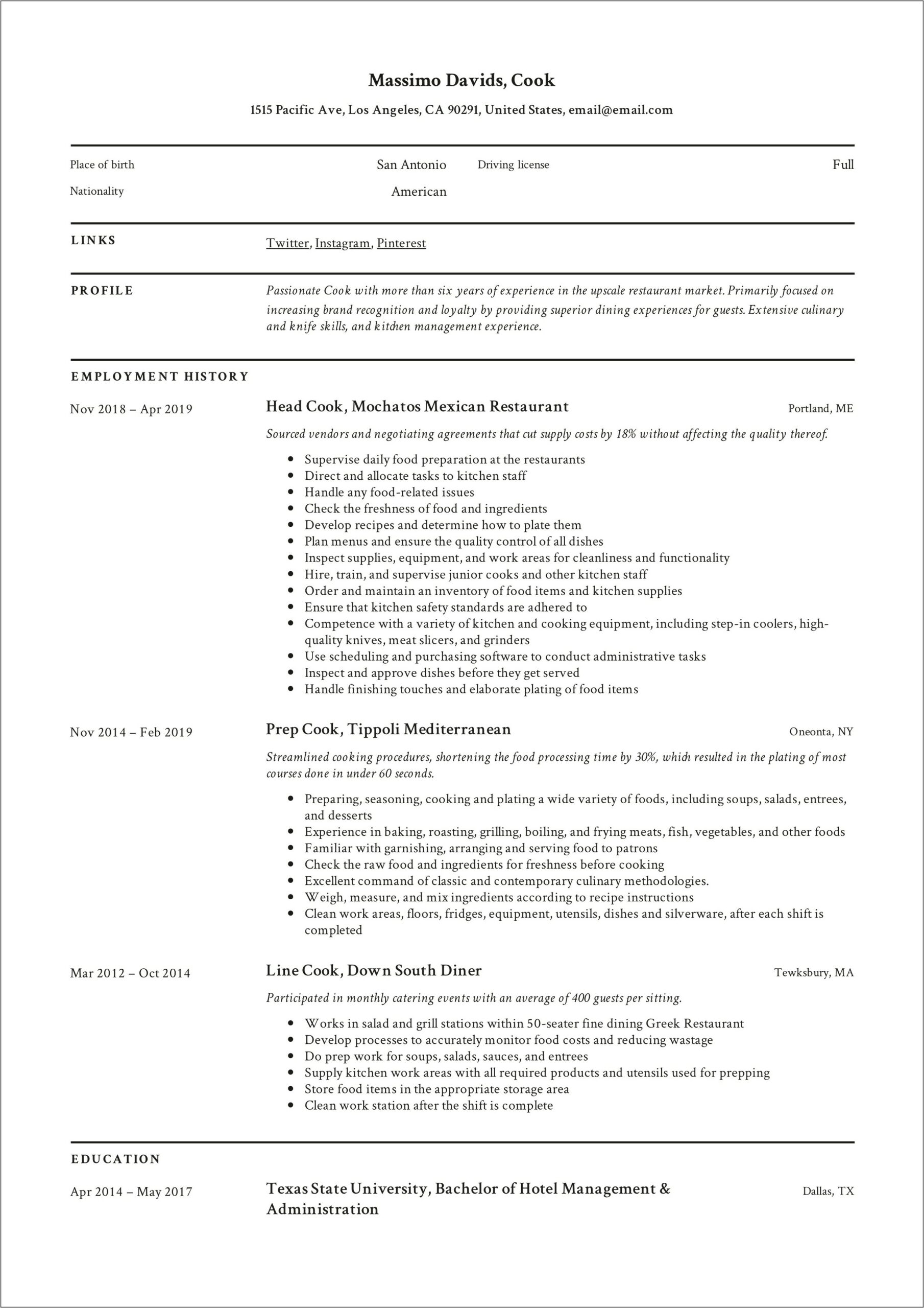 Good Examples Of Resume For Prep Chef Position