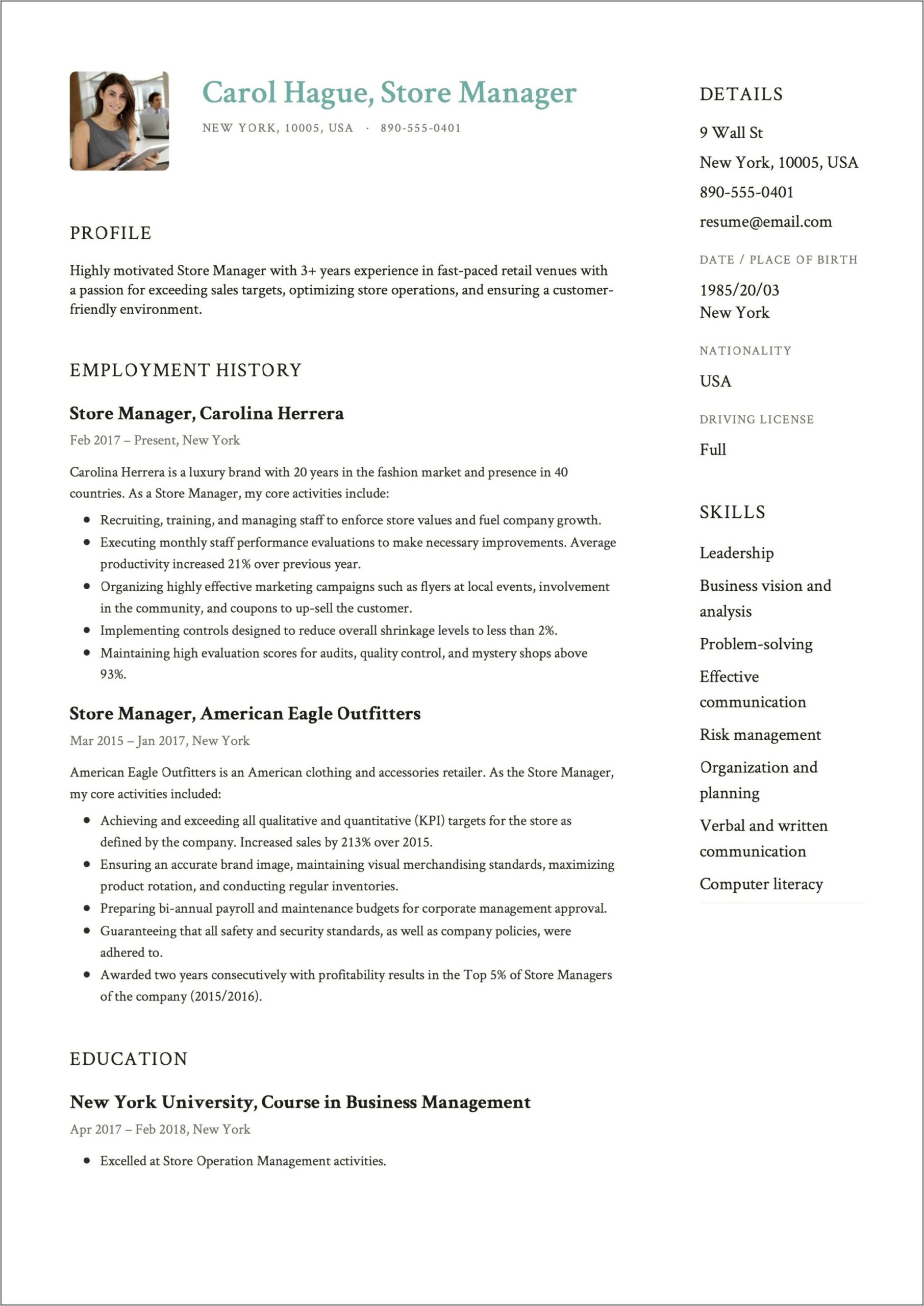 Good Examples Of Resume For Retail