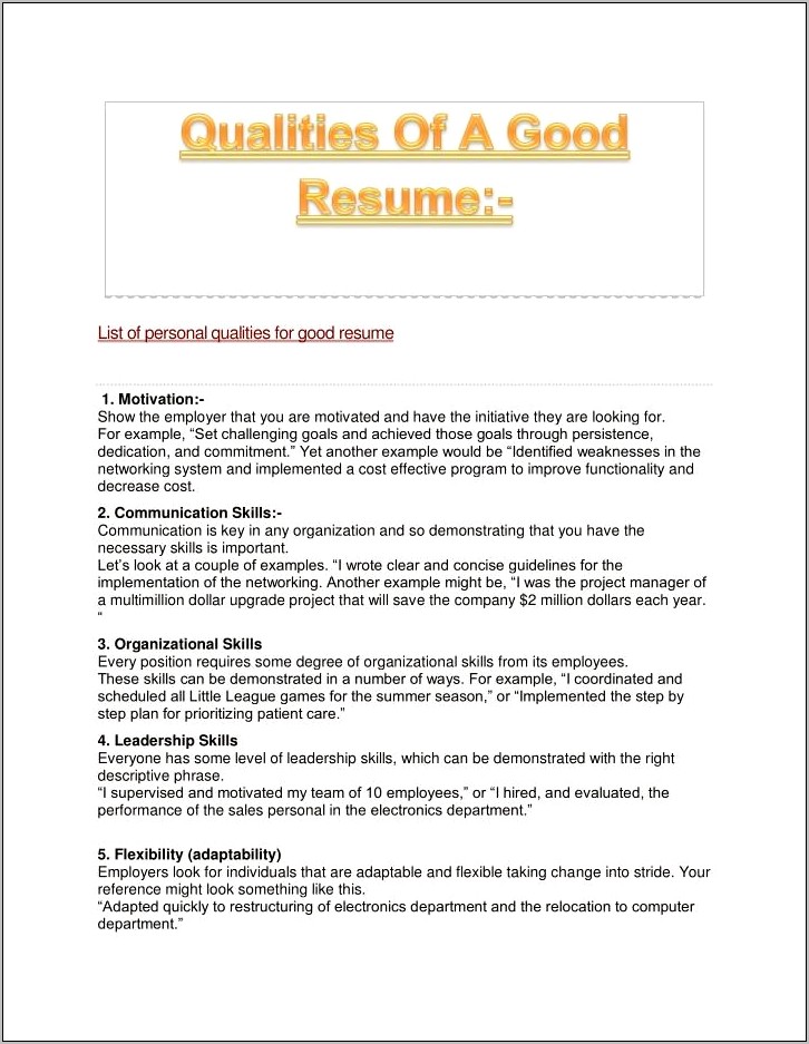 Good Personal Attributes To Put On A Resume