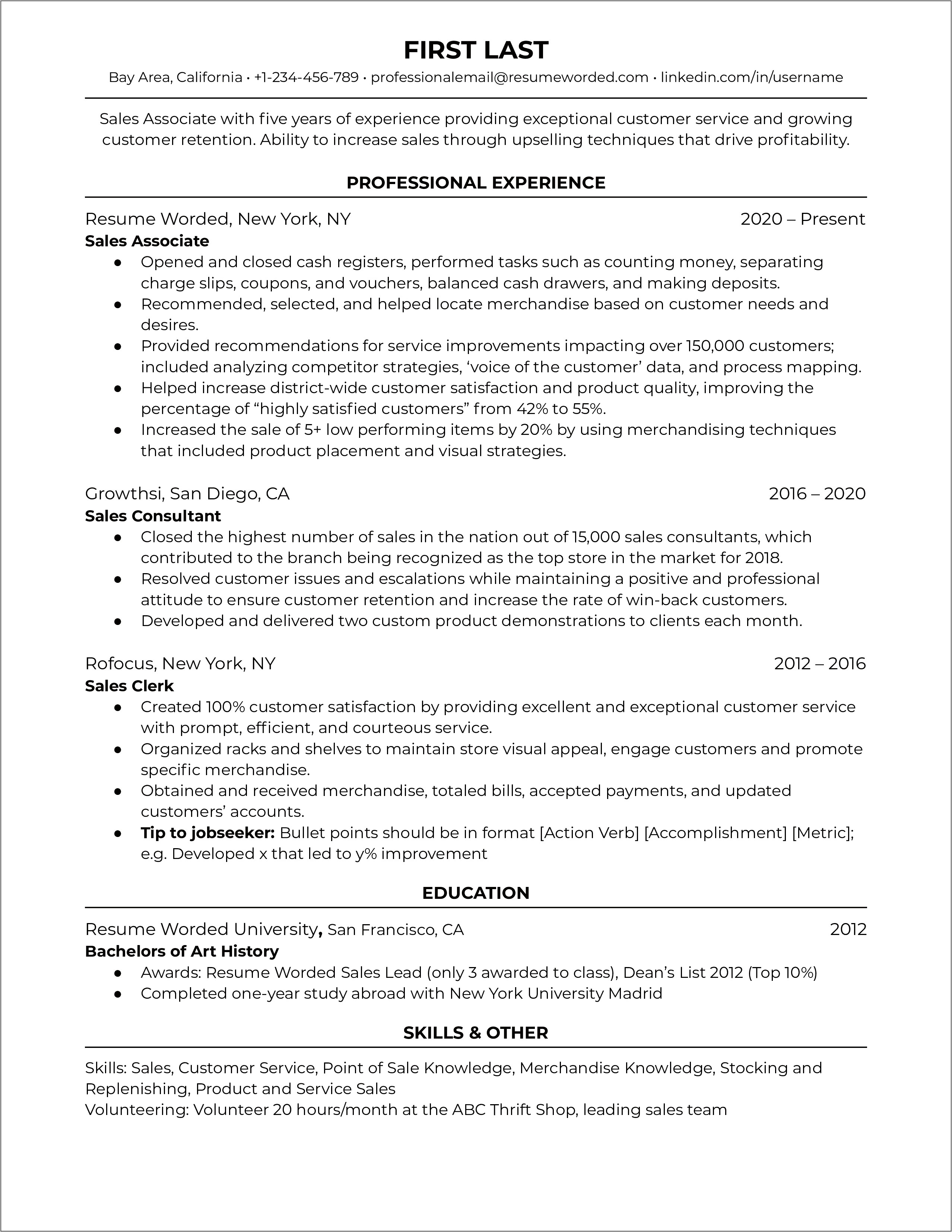 Good Qording For Sales Experience Resume