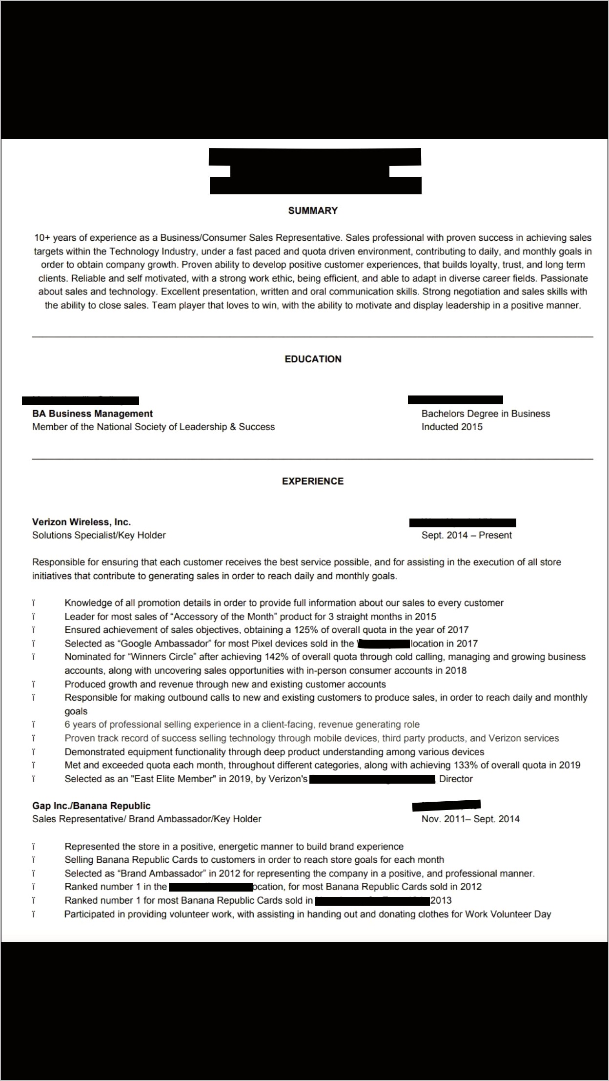 Good Resume Description For An Sdr
