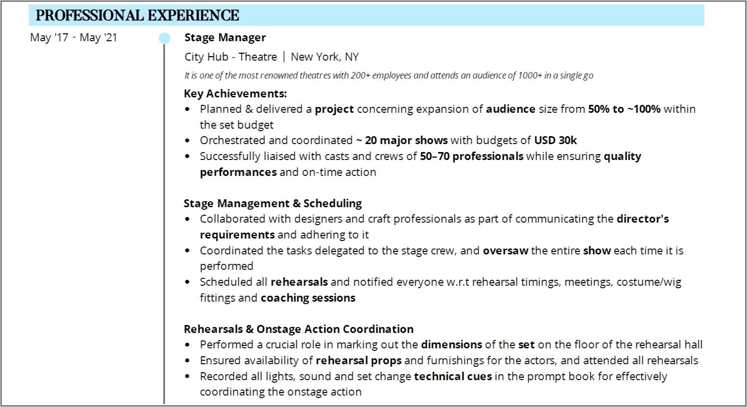 Good Resume Description For Stage Manager