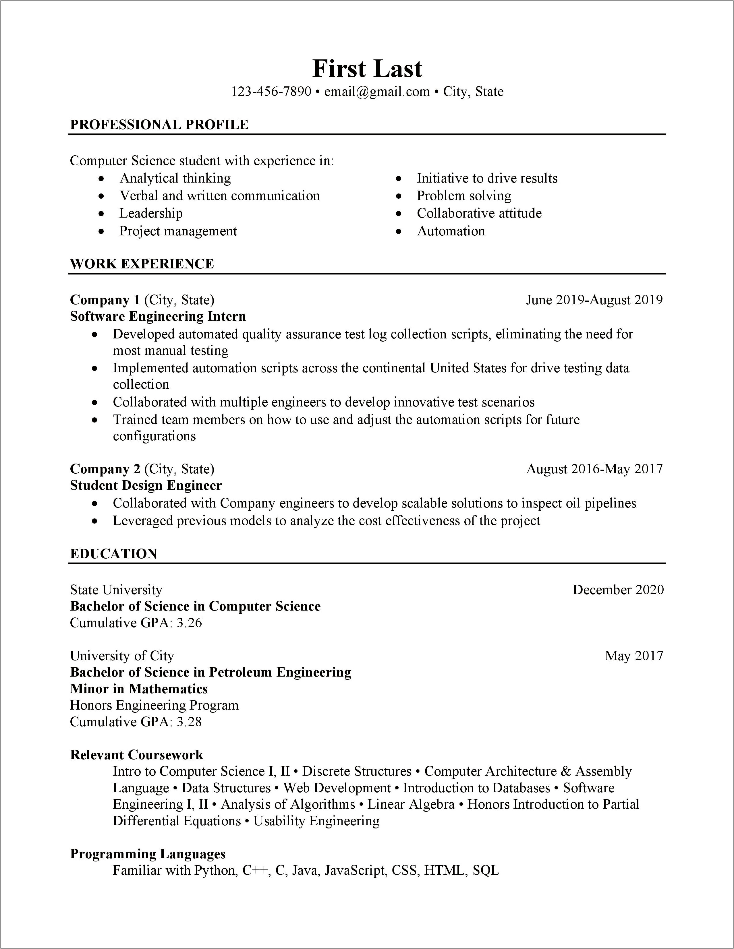 Good Resume Example For Computer Science Students