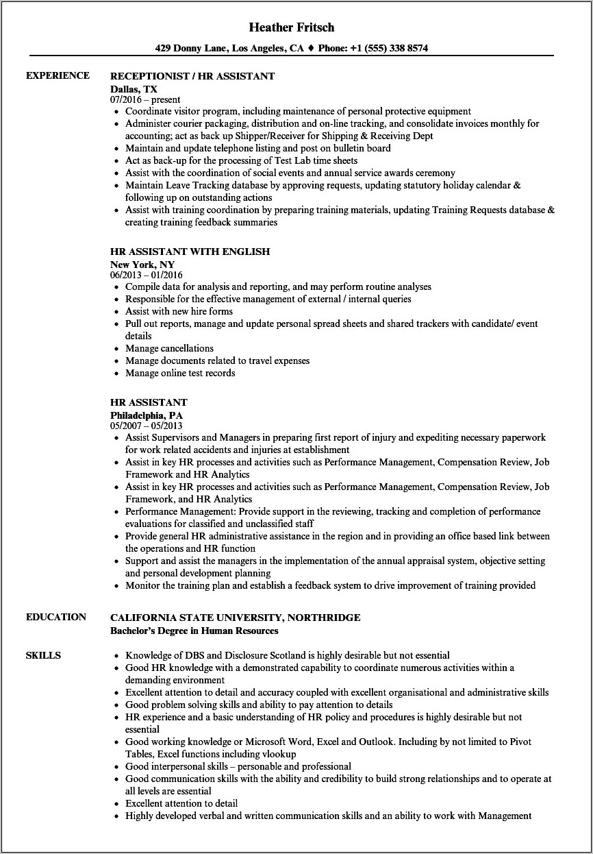 Good Resume For A Human Resources Assistant Position