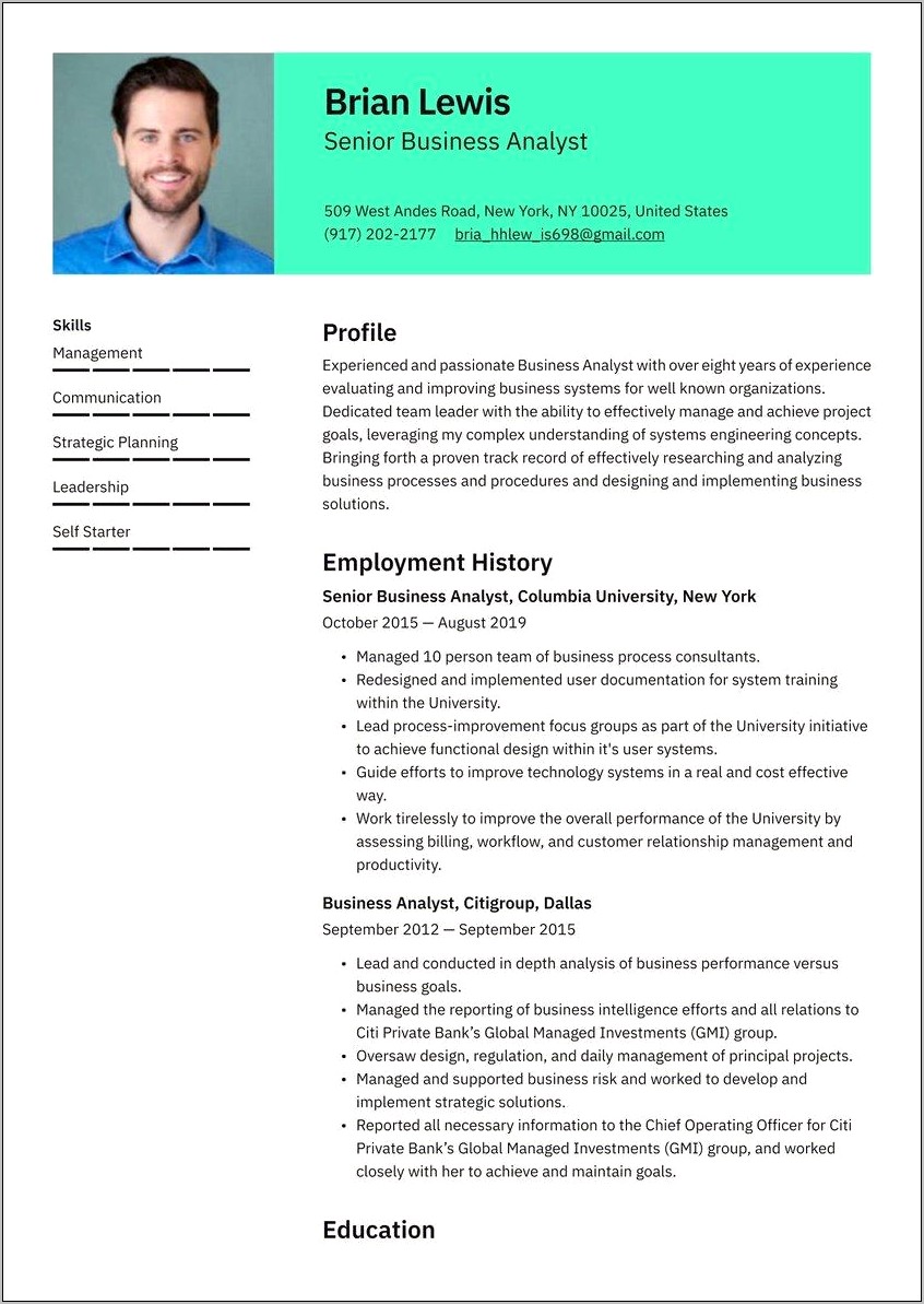 Good Resume Format For Business Analyst