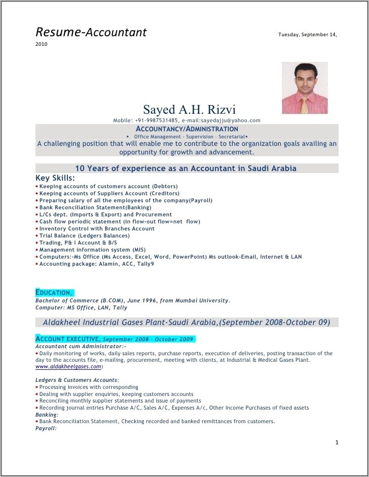 Good Resume Format For Experienced Accountant