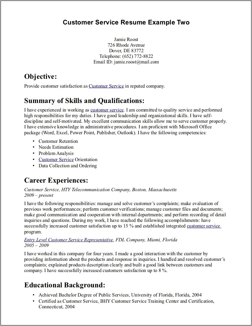 Good Resume Objective Examples For Customer Service