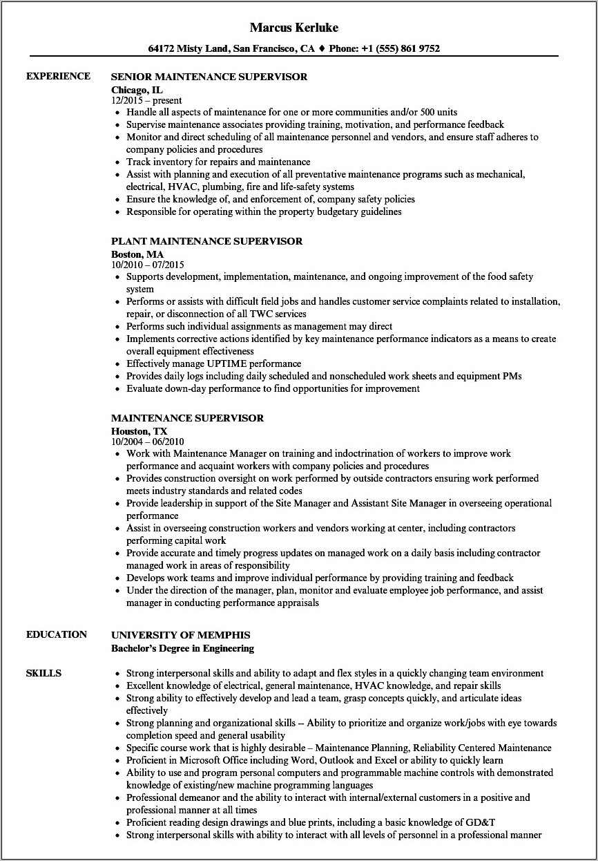Good Resume Objective For Maintenance Position