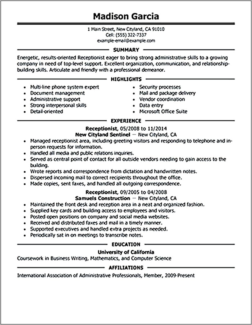 Good Resume Objectives For A Receptionist