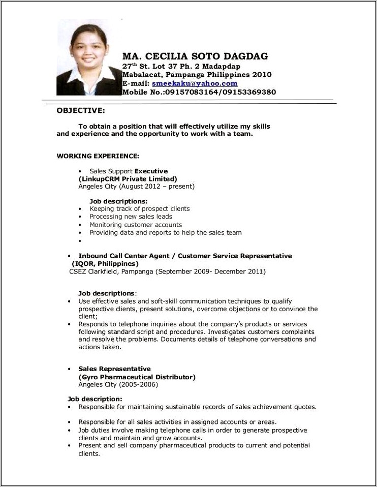 Good Resume Objectives For Call Center