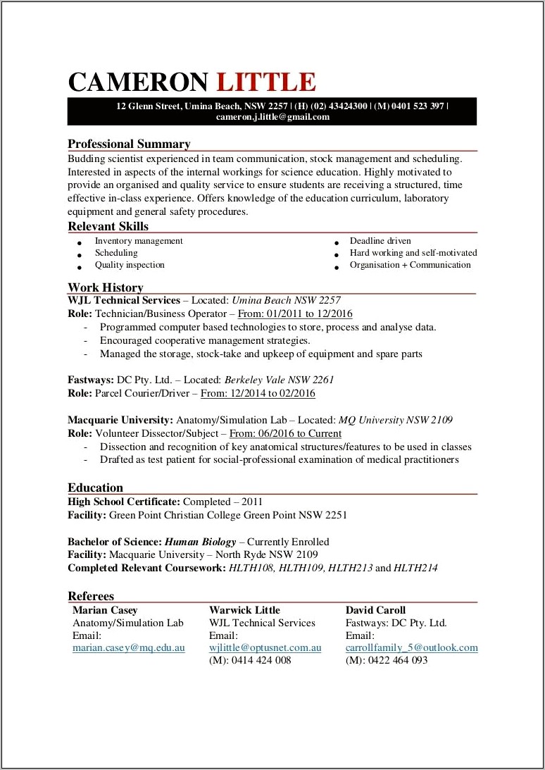 Good Resume Summary For Clinical Couriers