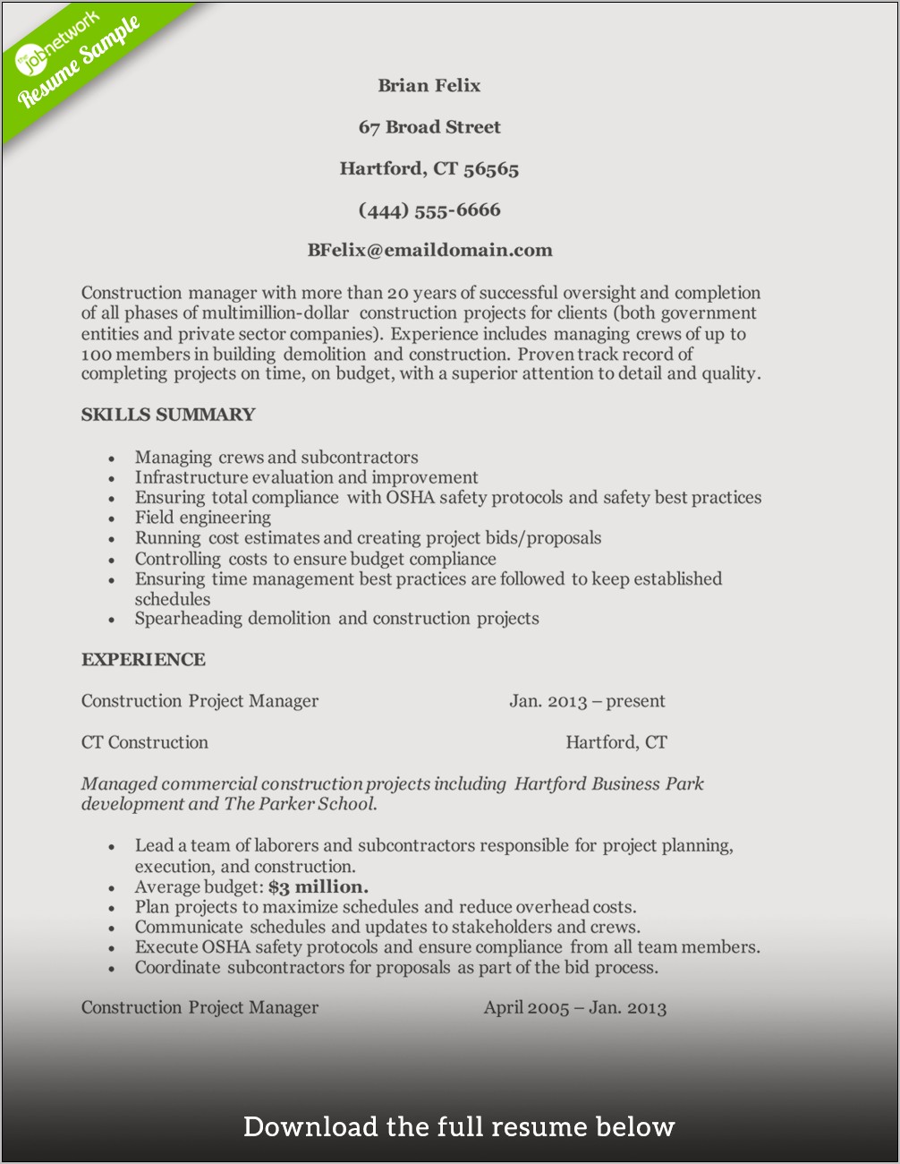 Good Resume Summary For Construction Worker