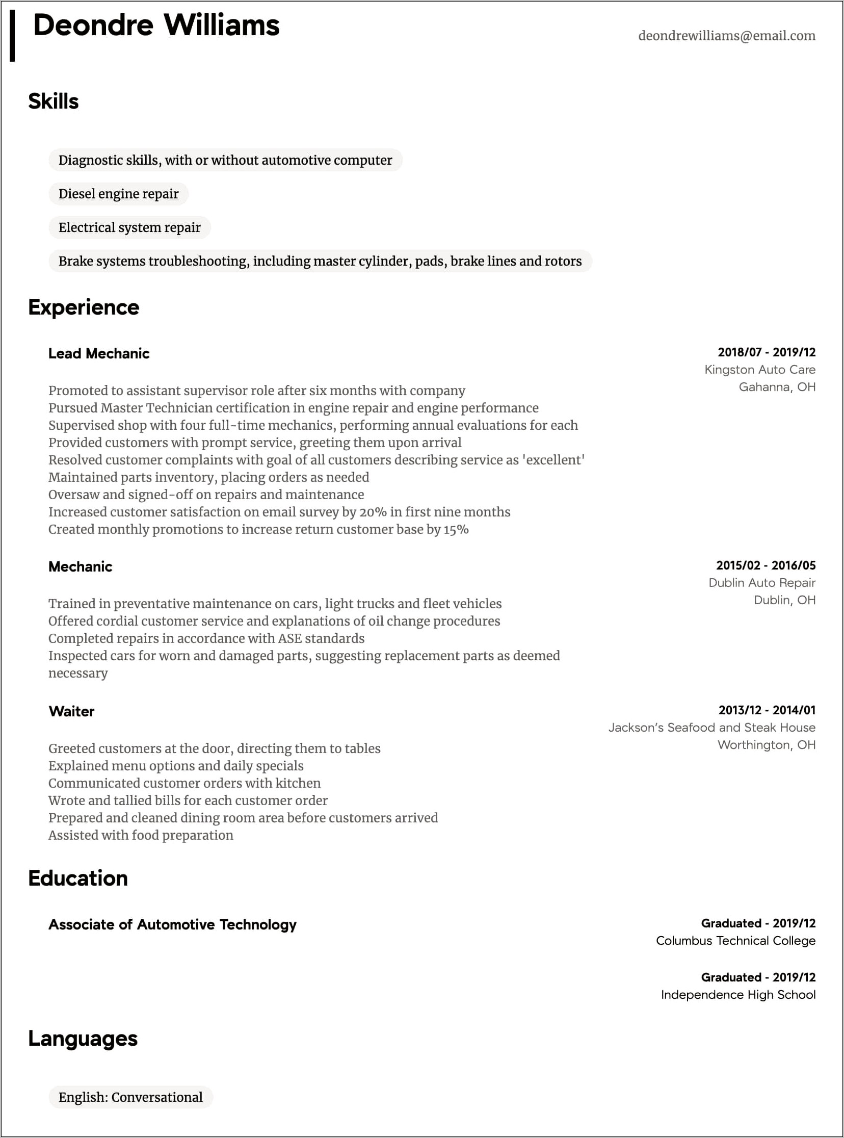 Good Resumes For An Auto Mechanic