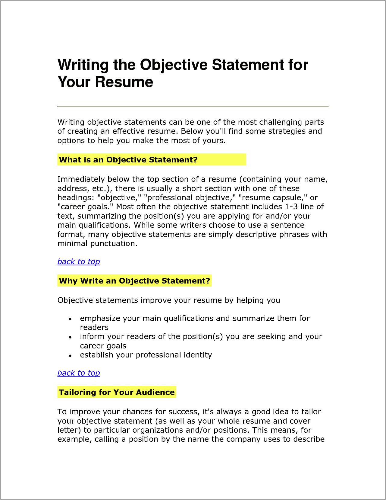 Good Statement For Objective On Resume