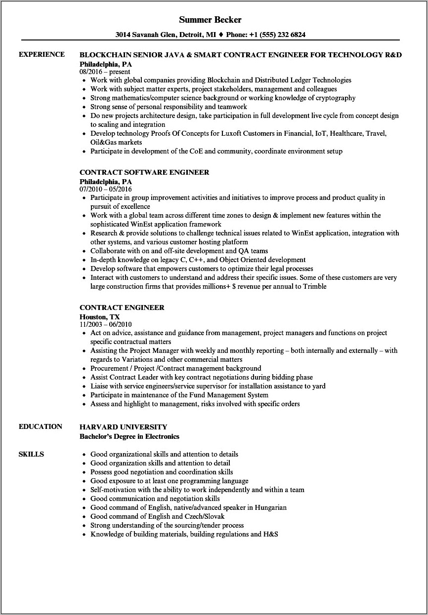Good Summary Phargraphs For Engineering Contrctor Resume