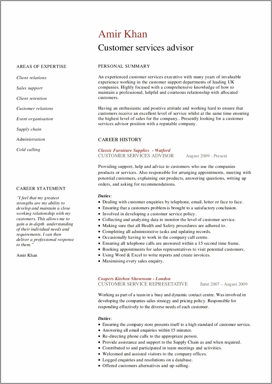 Good Words For Customer Service Resume