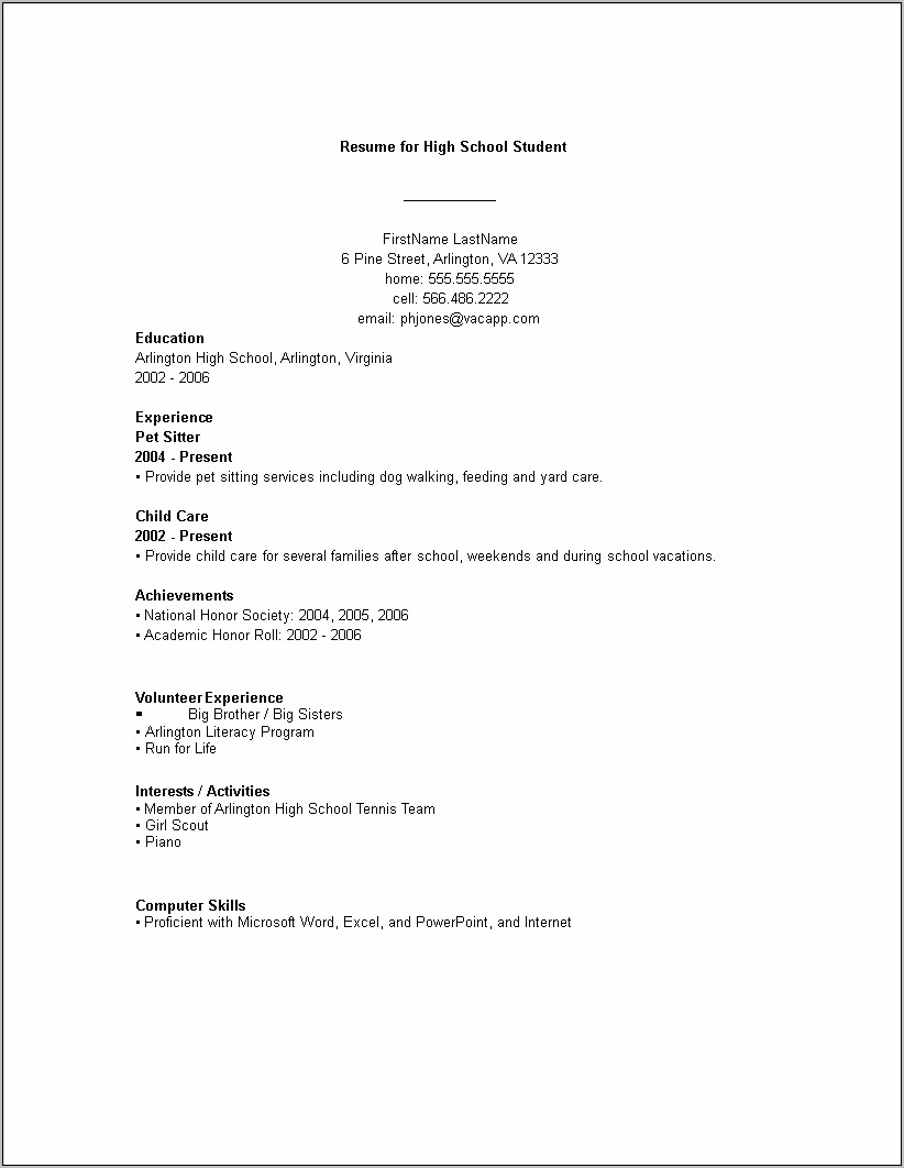 Great Resume For A Student In High School