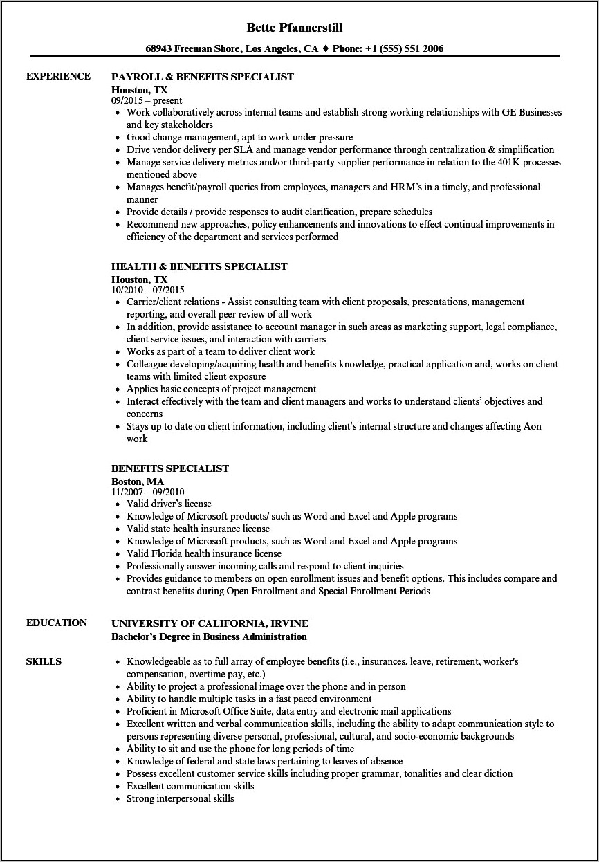 Great Resume Objective For Benefits Coordinator
