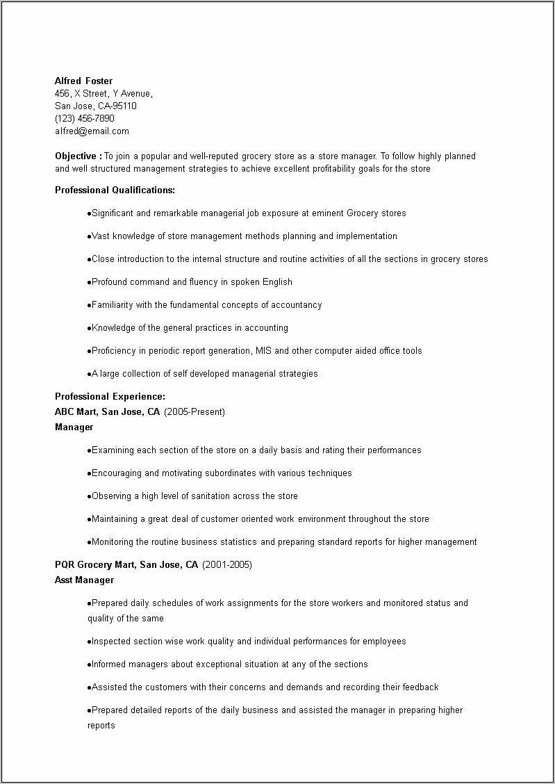 Grocery Store Supervisor Resume Examples