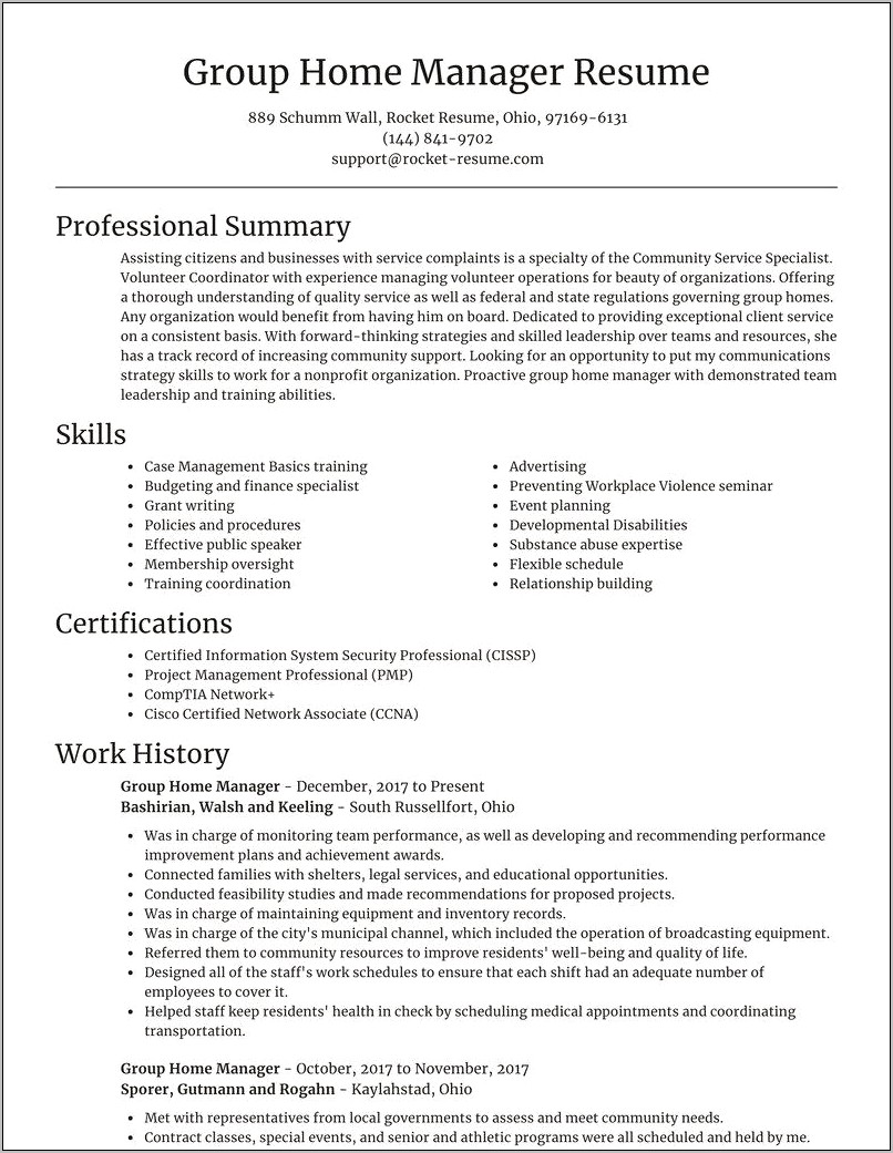 Group Home House Manager Resume