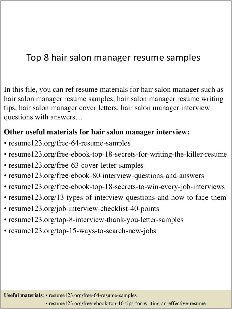 Hair Salon Operatnions Manager Resume Sample
