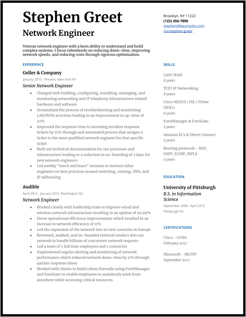 Hardware And Networking Resume For 1 Year Experience