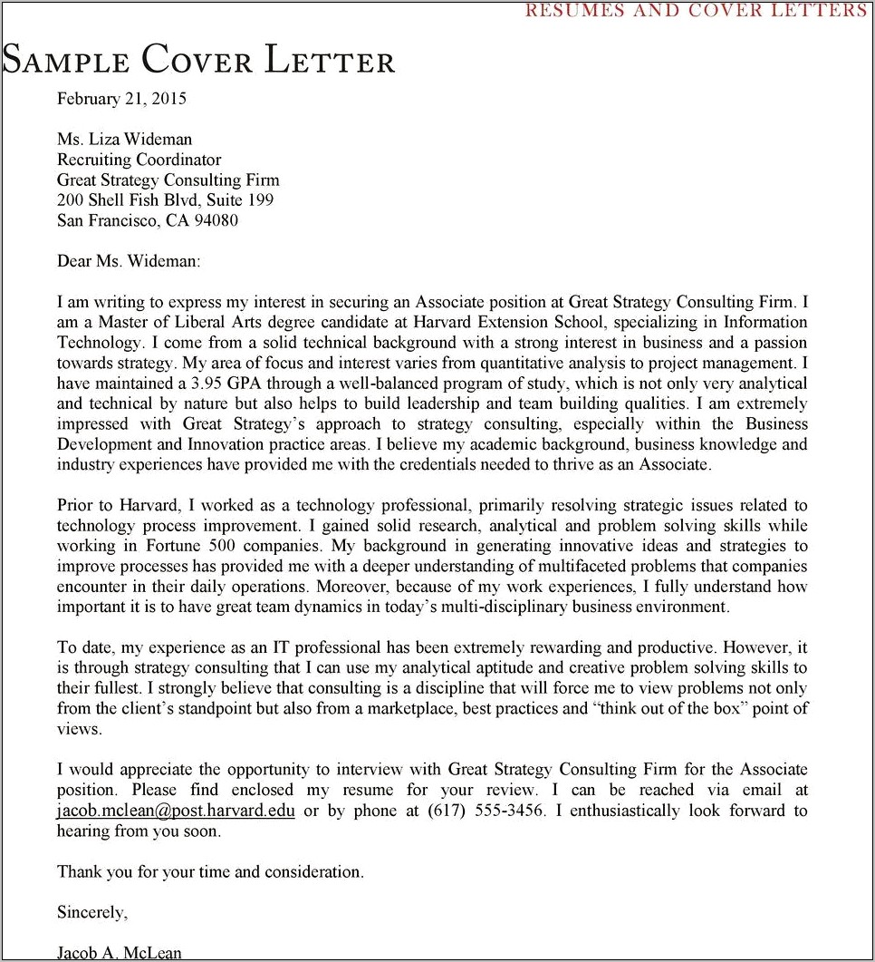 Harvard Business School Resume Cover Letter