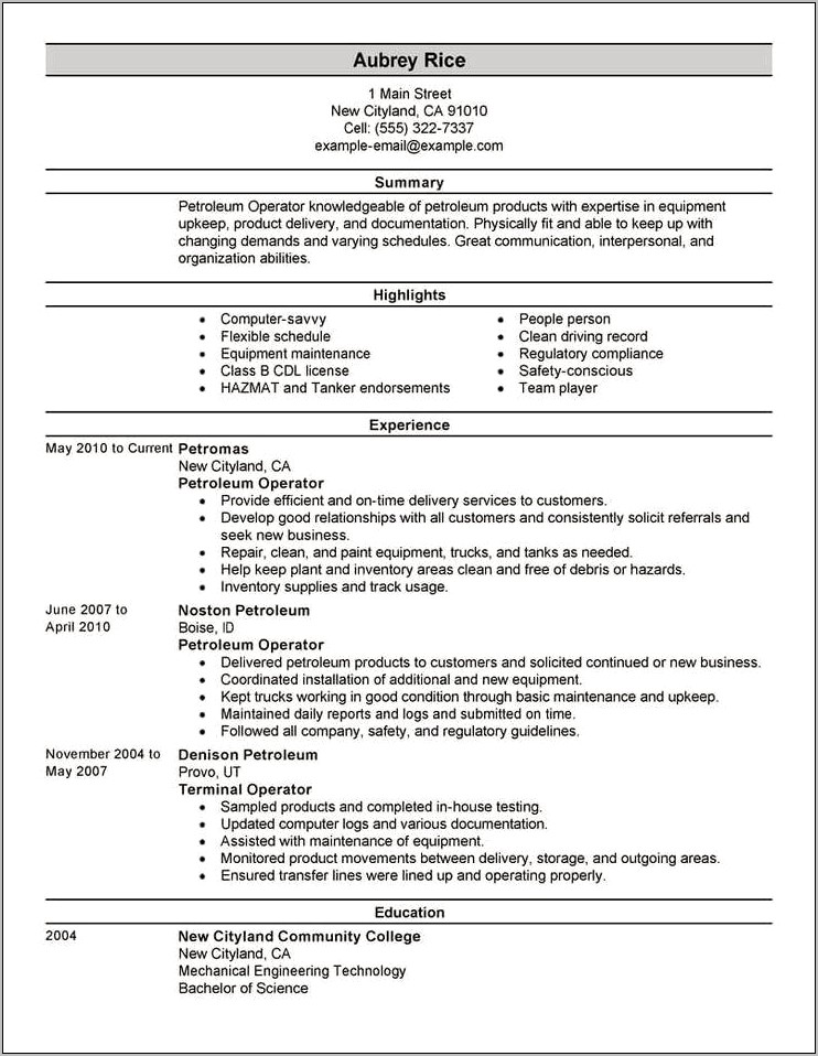 Hazmat Tanker Driver Job Description Resume