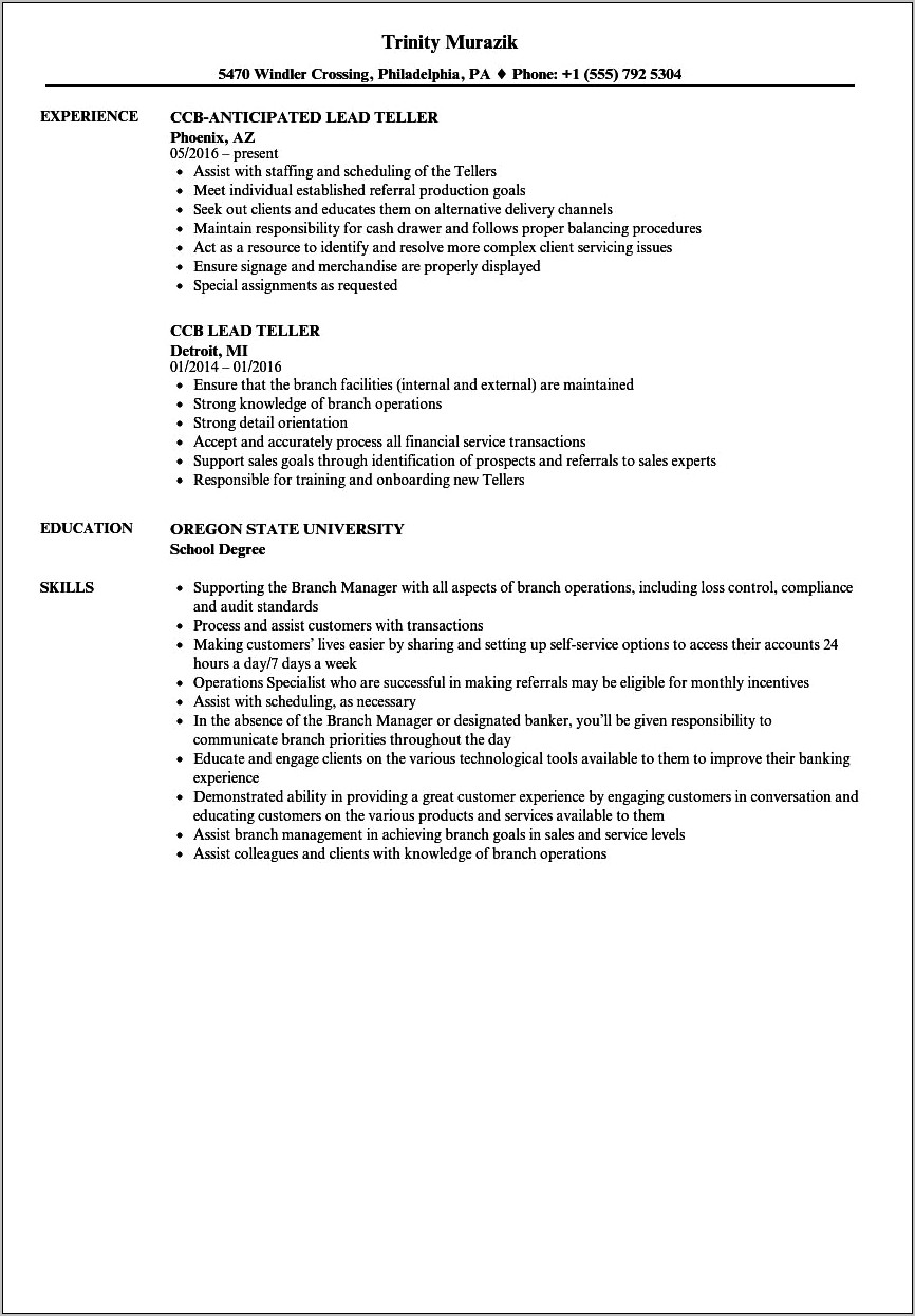 Head Teller Job Description For Resume