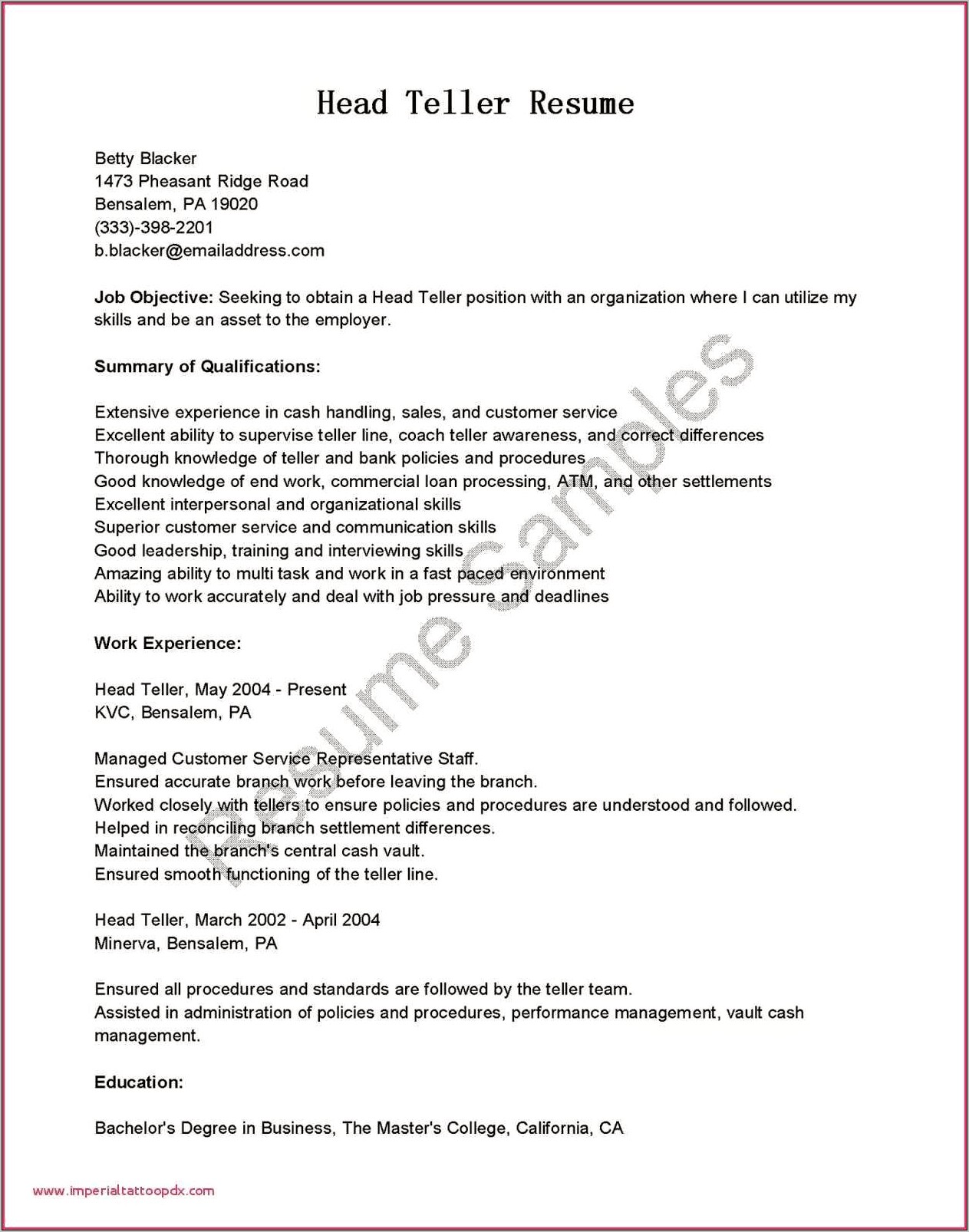 Head Teller Resume Cover Letter Sample