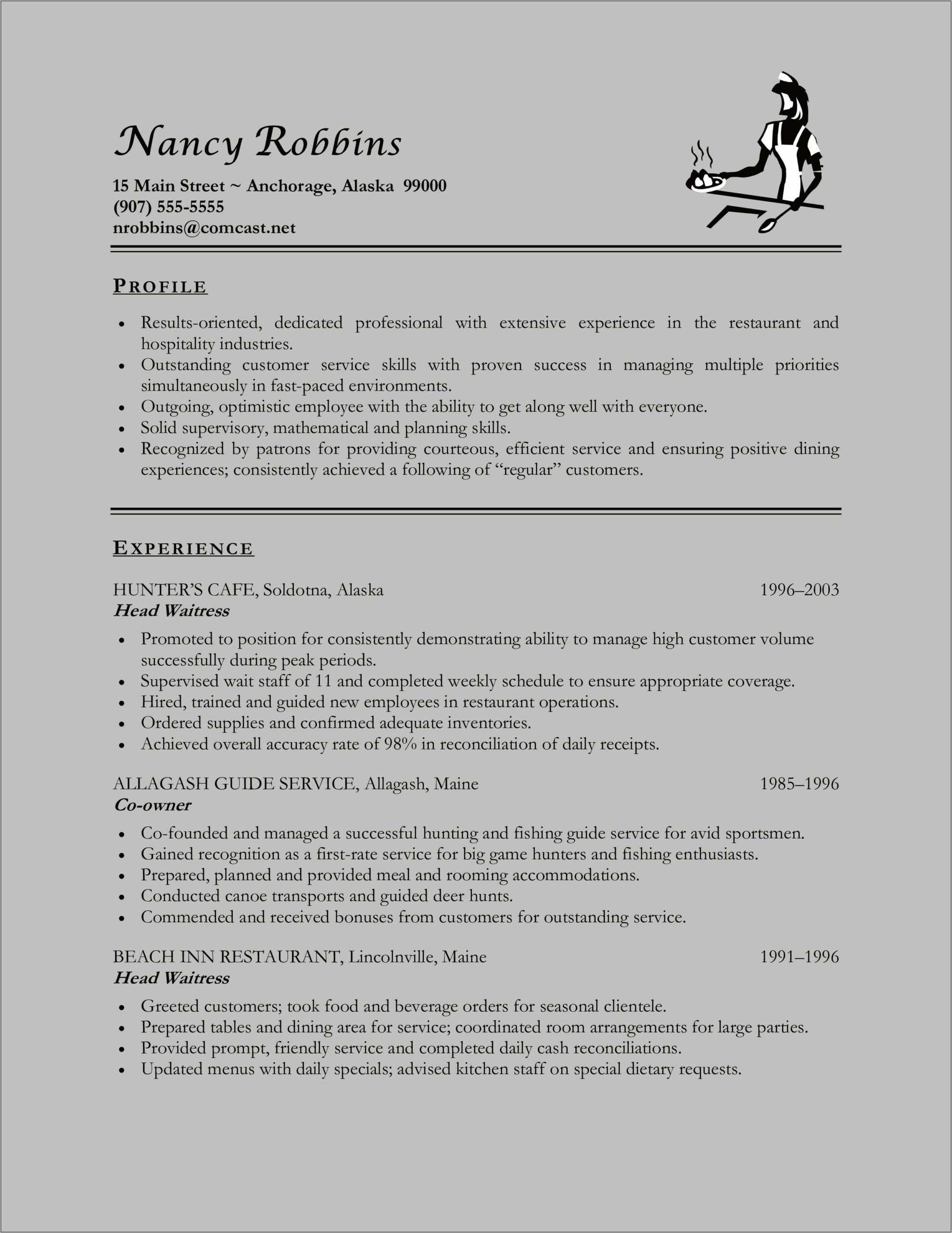 Head Waitress Job Description For Resume